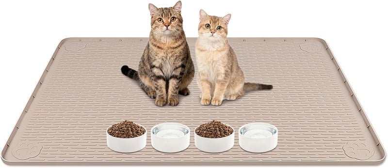 Lanstics Cat Food Mat, 40" x 28" Large Silicone Mat Cat Feeding Mat with Raised Edge Non-Slip Pet Feeding Mat for Food and Water Bowl, Easy to Clean, Floor Protection (Khaki) - Image 1